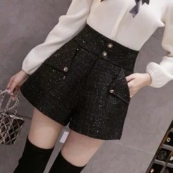 Alta qualidade nova mulher bolso largo perna shorts 2022 primavera woolen shorts moda sólida cintura alta lantejoulas tweed calças curtas