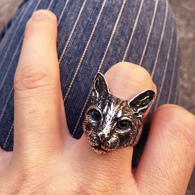 New-Trendy-Personalized-Cute-Adjustable-Big-Head-Cat-Ring-Silver-Black-Color-Plated-Men-Fashion-Animal