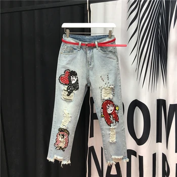 

European Trend Jean Ripped Jeans for Women Summer Beads Holes Embroidery New High Waist Capri Harem Pants Girls Students Jeans