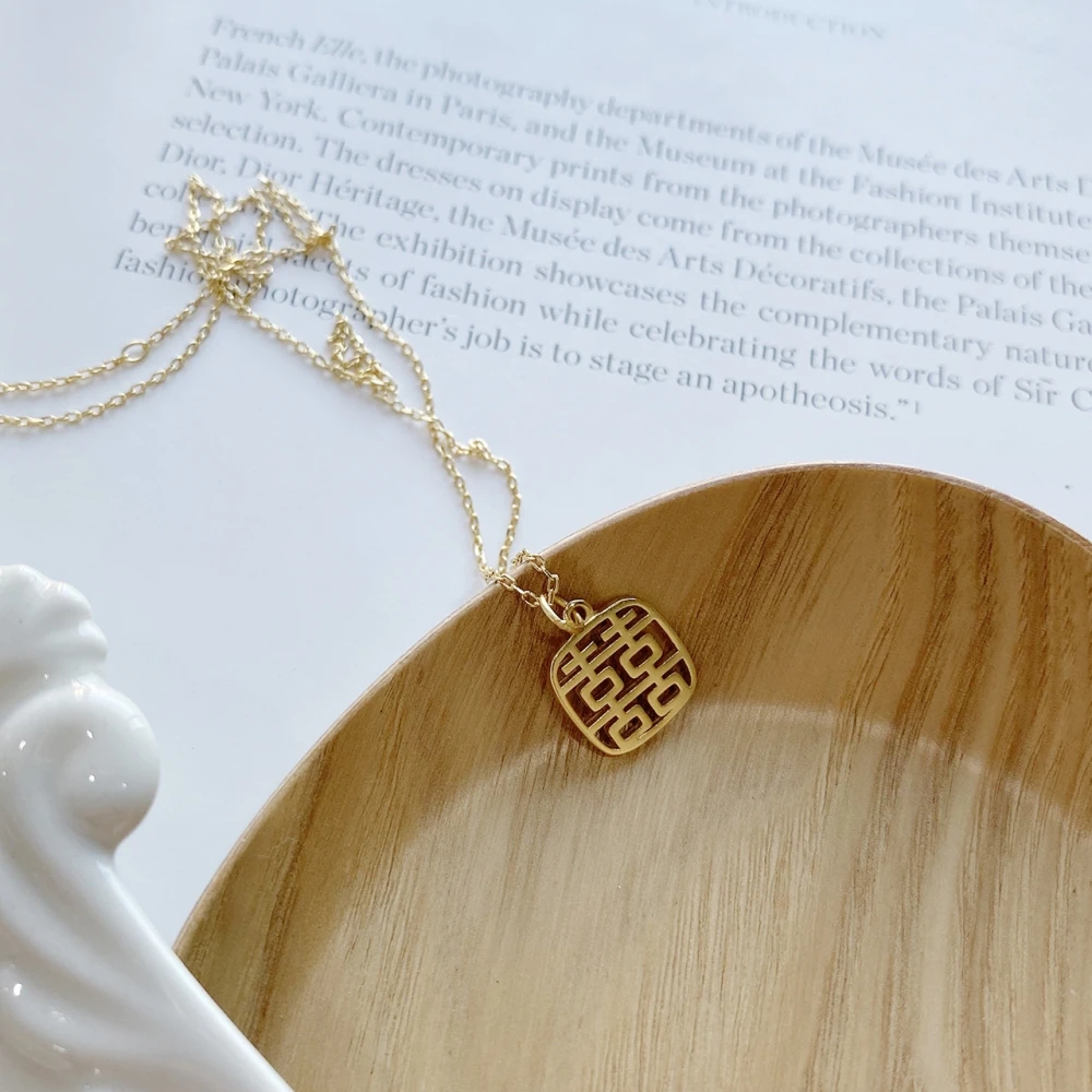 gold necklace 925 пробы для девочек, серебряное, золотое, китайские персонажи, счастье, ожерелье, на удачу, ювелирные изделия для женщин, полый квадратный Шарм, ожерелье s - Цвет камня: gold necklace