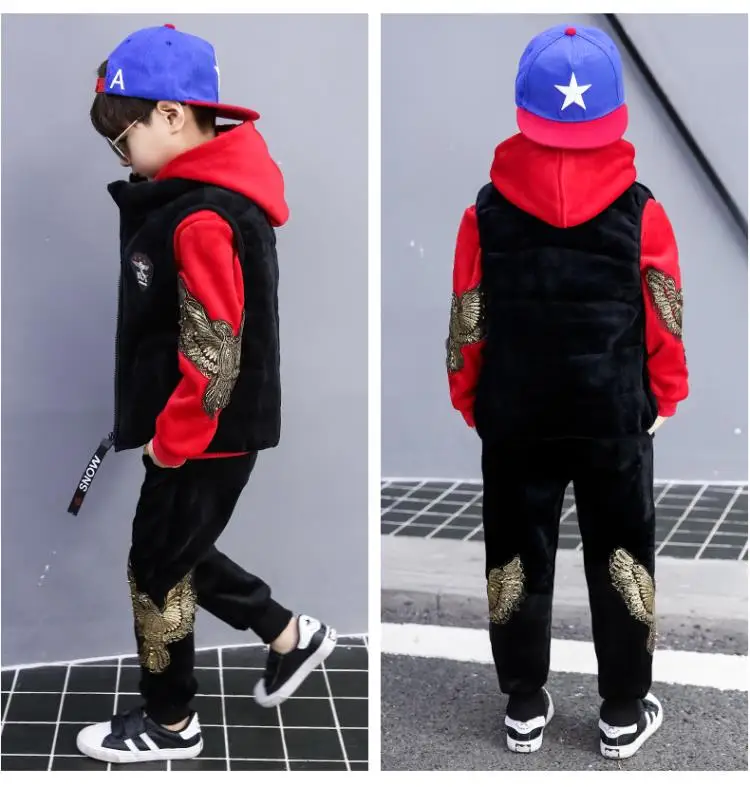 Children's Winter Suit 3 Pcs For Boys Thickened Gold Velvet Clothing Set Kids Student Waistcoat+ Hooded Sweatshirt+ Pants B383