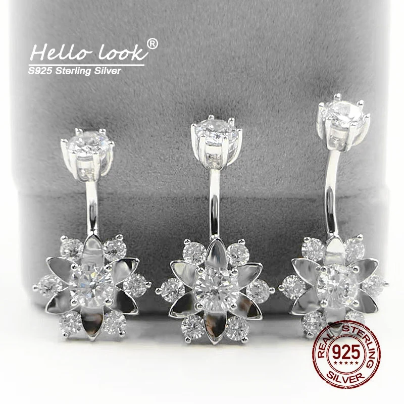 

HelloLook Zircon Sun Flower Belly Button Ring 100% 925 Sterling Silver Navel Piercing Crystal Body Piercing Wedding Jewelry