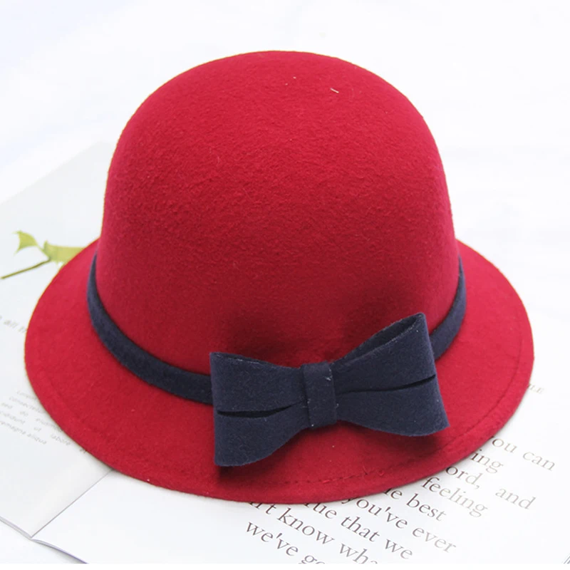 FS элегантная женская шляпа-Клош, Зимняя шерстяная фетровая шляпа, женские вечерние шляпы, модные осенние шапочки с бантом, регулируемый размер - Цвет: Wine Red-2
