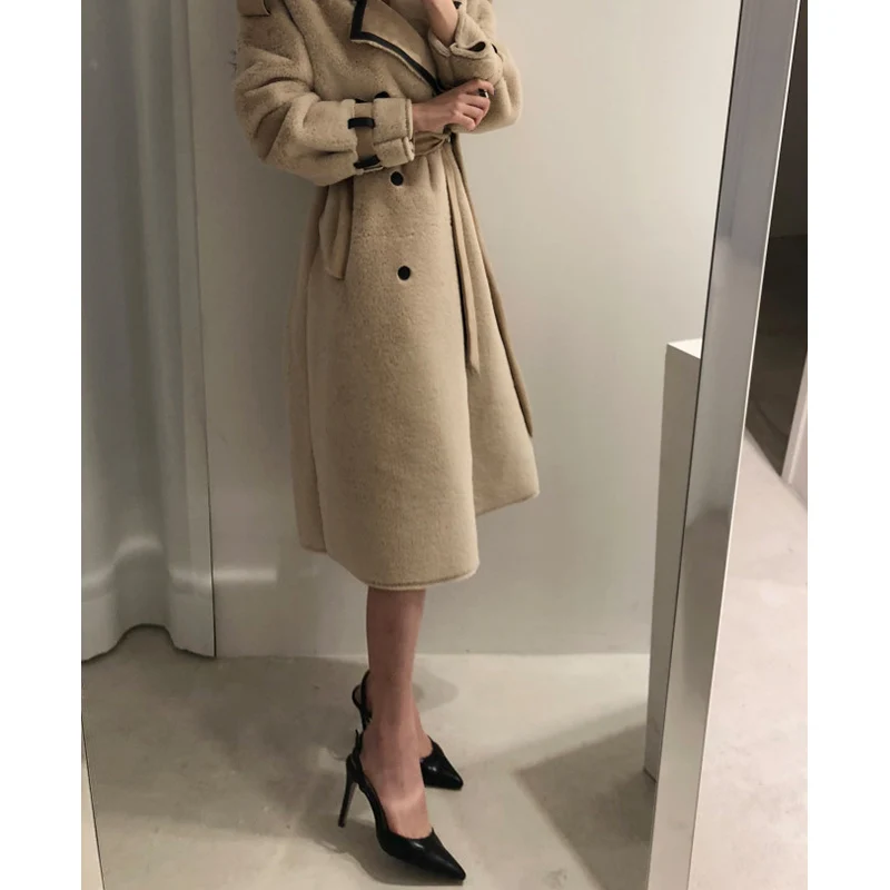 Шерстяное плотное шерстяное пальто Женское зимнее длинное теплое длинное меховое пальто