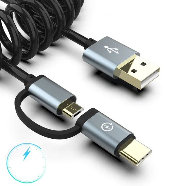 2 в 1 usb кабель спиральный Micro Usb Type C для быстрой зарядки Samsung Galaxy S9 S10 M30 M20 A6s A8s A9 Cave