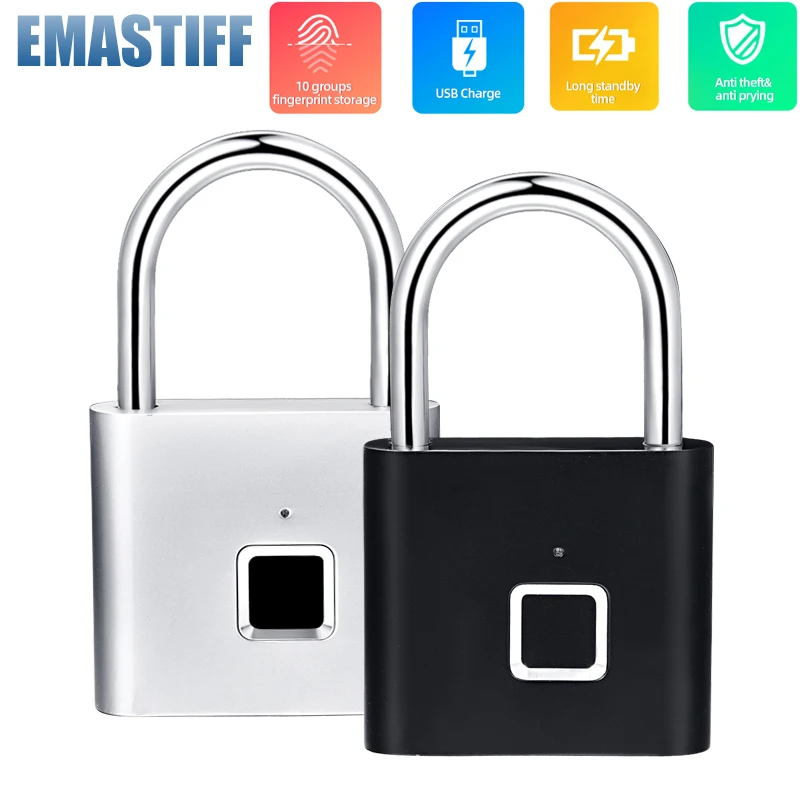 Black silver Keyless USB Rechargeable Door Lock Fingerprint Smart Padlock Quick Unlock Zinc alloy Metal Self Developing Chip smart door lock smart lock electronic lock fingerprint door lock fingerprint padlock
