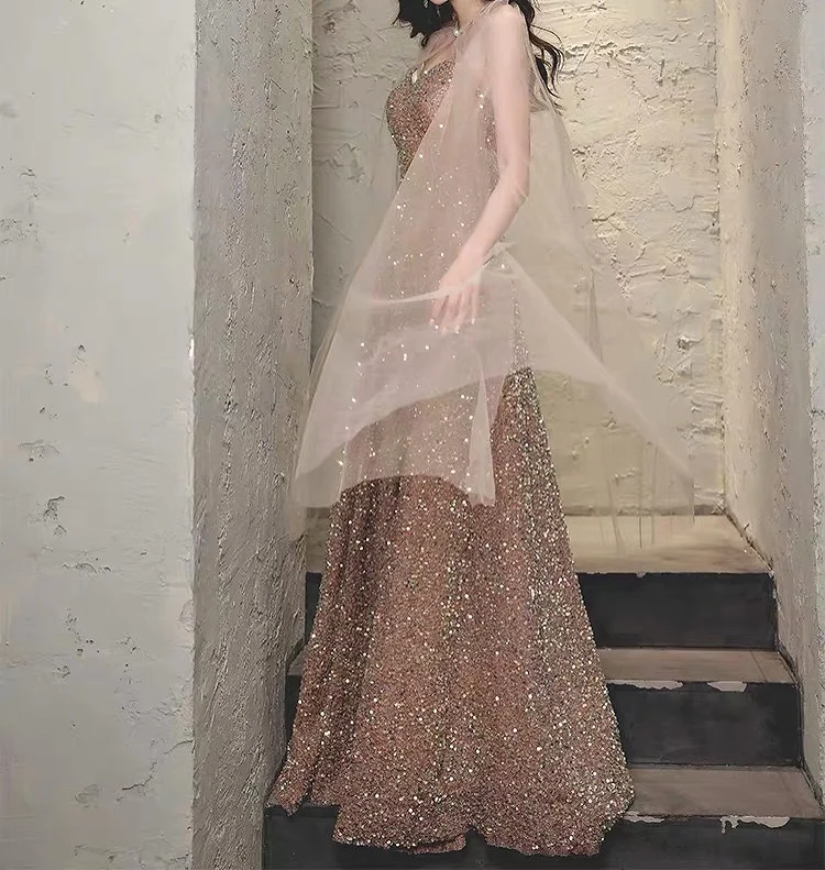 

Champagne Pink Evening Gown With Shawl Spaghetti Strap With Cloak Floor-Length A-Line Party Formal Wedding Ceremony Prom Dresses
