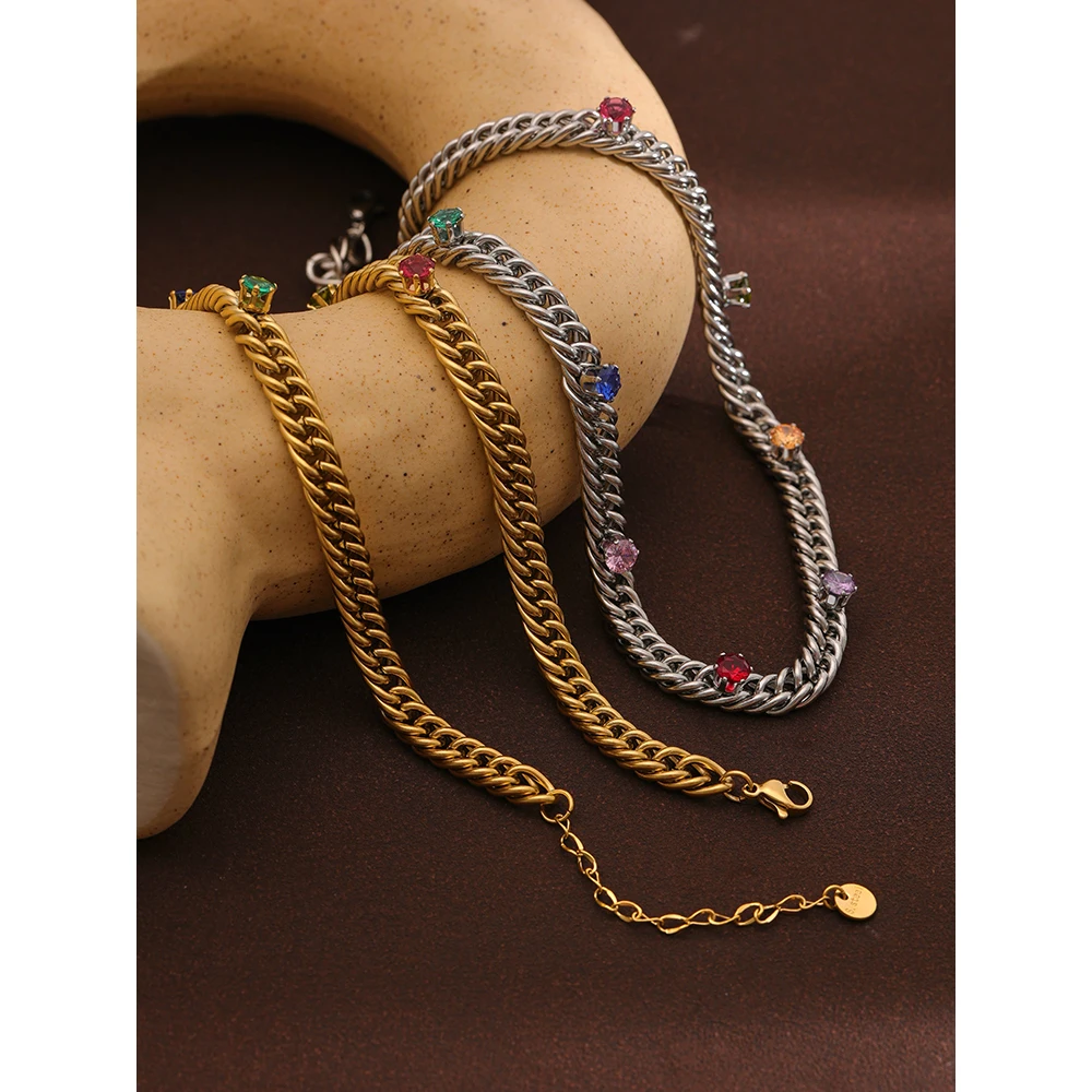 Stainless Steel Chain Necklace Colorful Cubic Zirconia Jewelry - Image 5