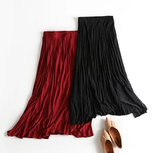 Новинка, популярные женские роскошные длинные плиссированные юбки длиной до лодыжки, Офисная Женская осенне-зимняя трикотажная юбка с завышенной талией, винно-красная черная