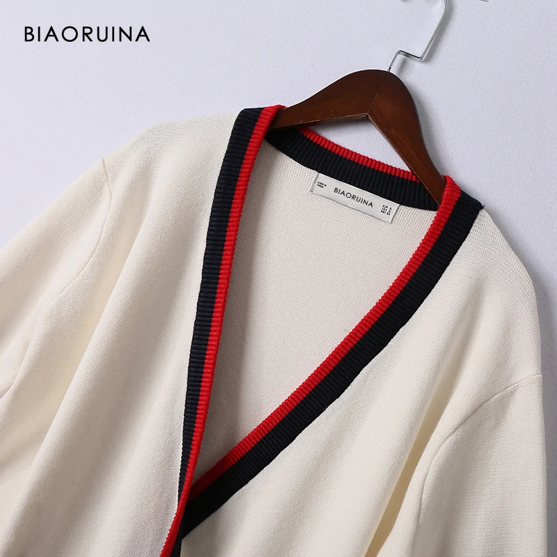 REJINAPYO Весна новое поступление женский черный контрастный белый вязаный свитер Жемчужное Украшение пуговицы длинный открытый стежок v-образный вырез