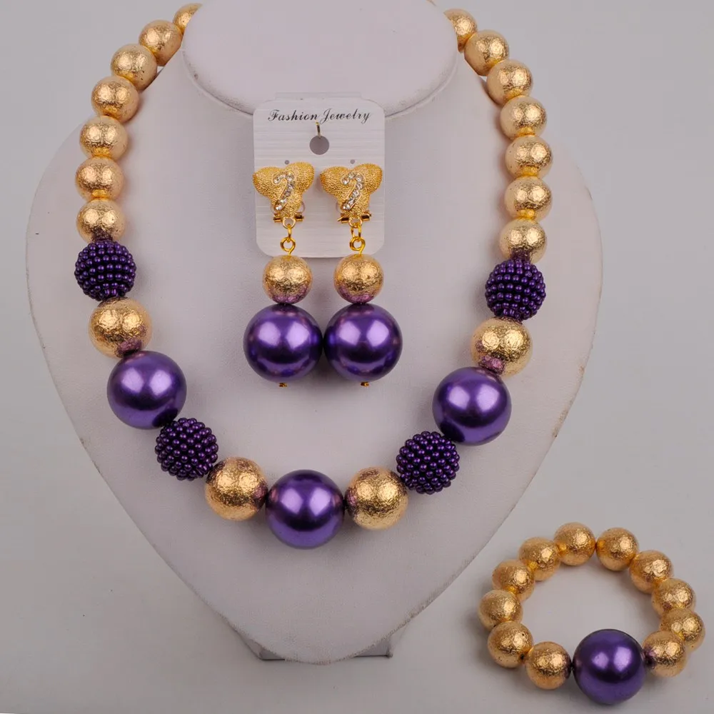 

Nigeria Wedding Jewelry Purple Glass Pearl Necklace African Ladies Bridal Wedding Costume Accessory Set SH-43