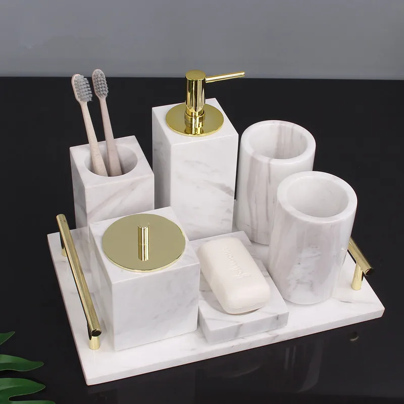 Marble Bathroom Accessories Set Soap Dispensers/Dishes Toothbrush Holder & Gargle Cups Tissue/Cotton Swab Box Tray Wedding Gifts