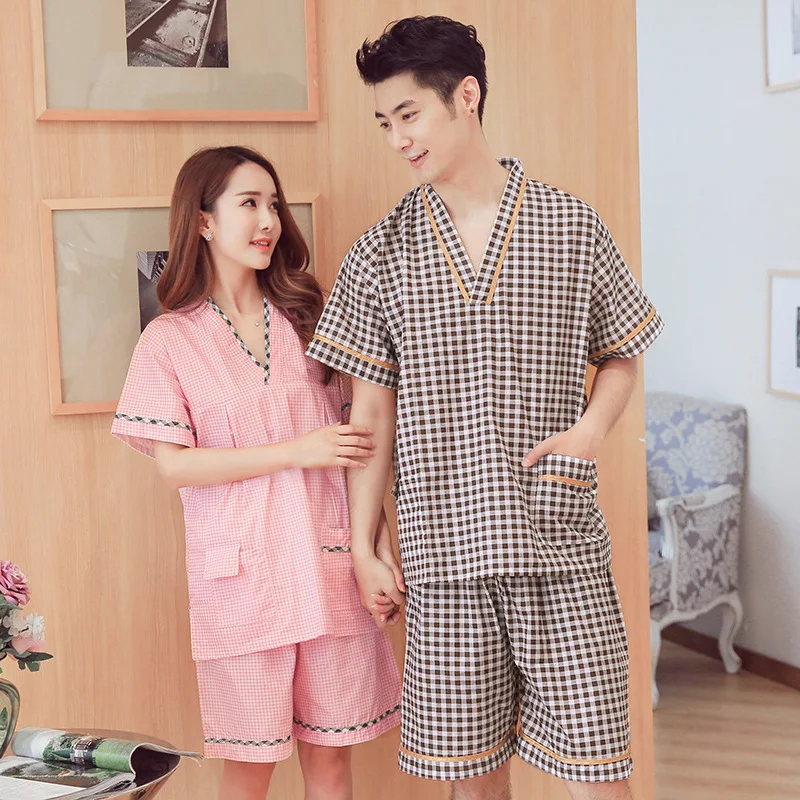 

Couples Moisture-wicking Clothing Short Sleeve Set Plaid Korean-style Loose Comfortable Tracksuit Men And Women-Moisture-wicking