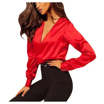 

2020 New Soft Comfty Satin Blouses Women Spring Solid Long Sleeve V-Neck Shirt Casual Ladies Satin Top