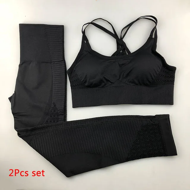 Black2pcsset 2 шт. бесшовный комплект для йоги, женская одежда, спортивная одежда, женские леггинсы для спортзала, фитнеса, штаны с мягкими чашечками пуш-ап, спортивный бюстгальтер, спортивные костюмы - Цвет: Black2pcsset