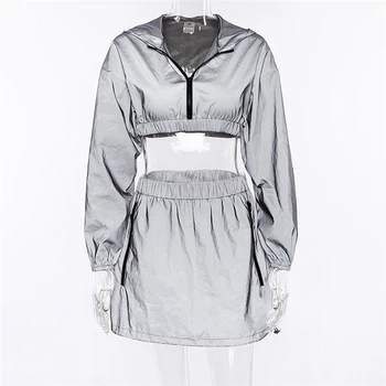 

2020 Womens 2PCS new Reflective Dress Sets Female Crop Top Short Mini Skirt Solid Sexy Suits Clubwear Hip Pop Tracksuits Clothes