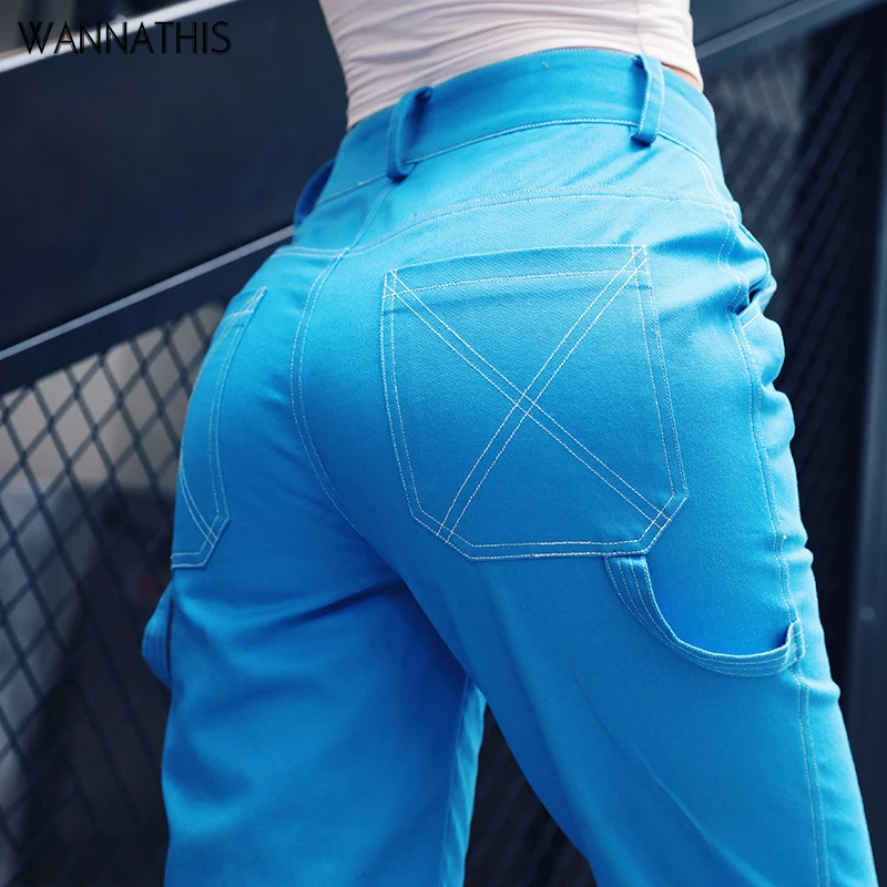 

WannaThis Cargo Pants Women Casual Overalls Back Pocket High Waist Loose Female Trousers Korean Style Straight Ladies Long Pants