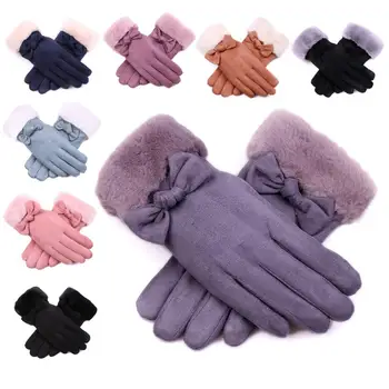 

Winter Women Warm Suede Bowknot Full Finger Outdoor Sports Touch Screen Gloves
