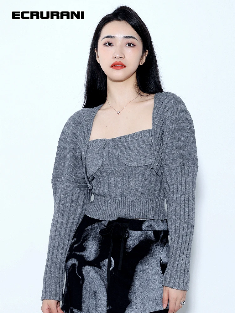 

ECRURANI Temperament Two Piece Set Women Square Collar Sleeveless Slim Vest Long Sleeve Loose Sweaters Gray Suits 2021 Clothing
