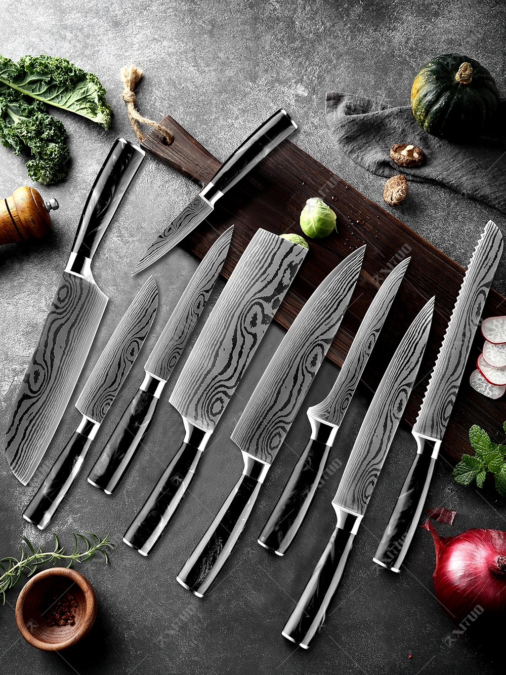 facas chef laser damasco padrão afiado santoku