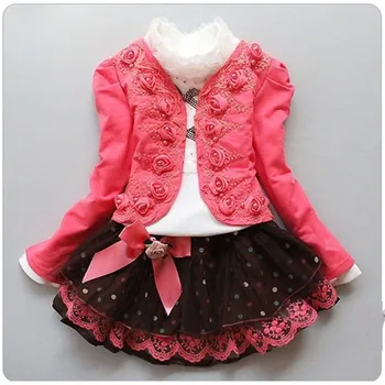 

3-10Yrs Kids Girls Flower 3pc Clothing Set Short Mini Jacket Blouse Shirt Lace Tutu Skirt Baby Girls Suits Set Children Clothes