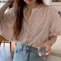 Korejpaa Women Shirt 2021 Summer Korean Chic Gentle Sweet Round Neck Single-Breasted Floral Loose Versatile Puff Sleeve Blouses