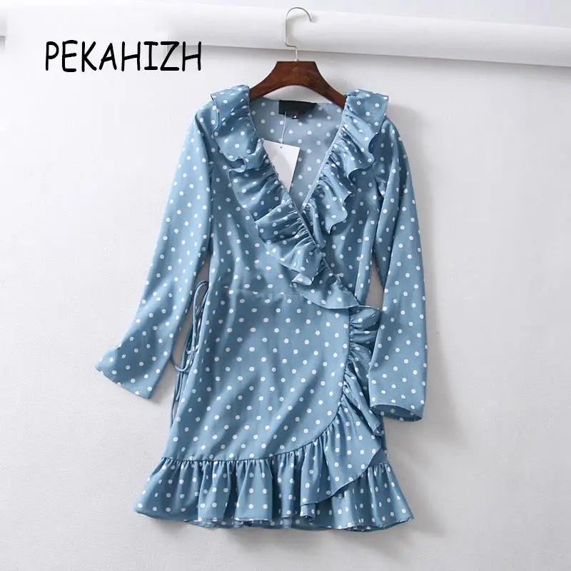 

Vintage sexy V Nevk flora ruffle wrap dress women long sleeve beach dress summer boho chiffon polka dot dress vestidos 2019