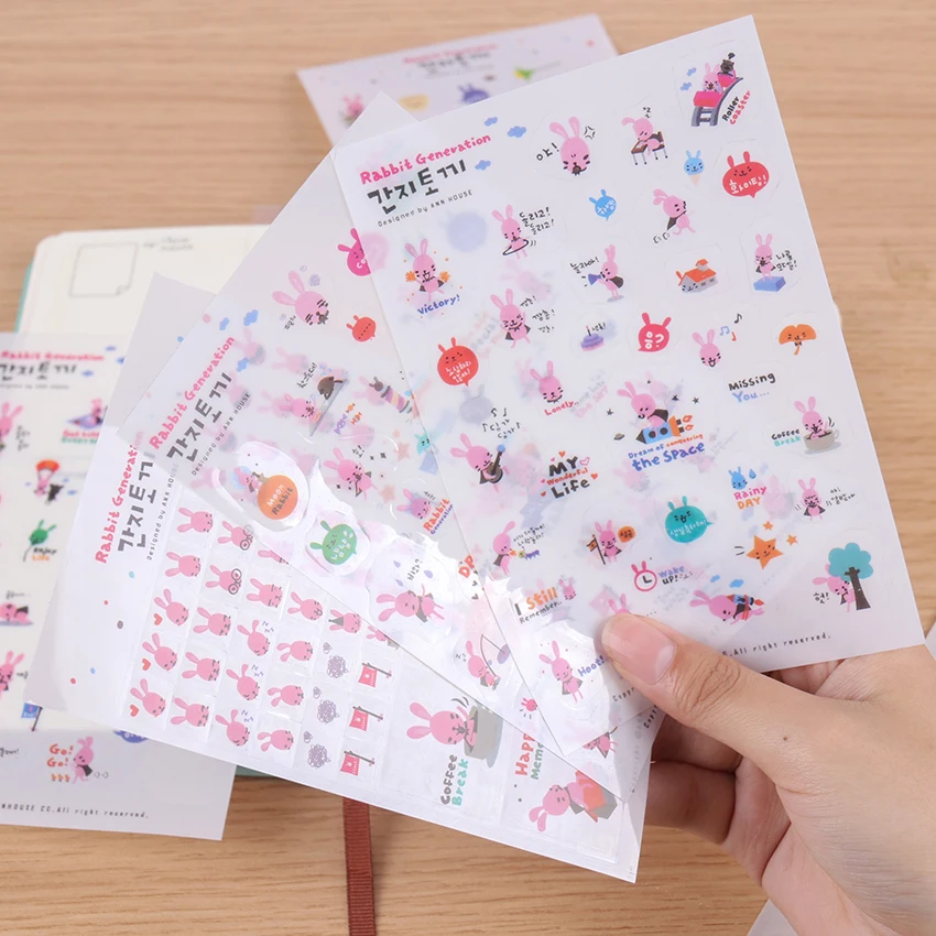 

6PCS Korea Creative Moon Rabbit Sticker PVC Transparent Calendar Diary Book Sticker Scrapbook Decoration Office Stationery Gift