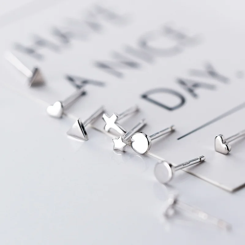 Trustdavis Genuine 925 Sterling Silver Gold Triangle Heart Star Cross Round Stud Earrings For Women Silver 925 Jewelry ED395