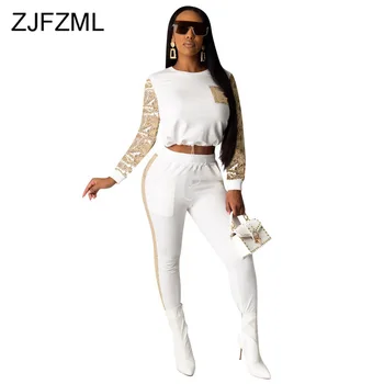 

Sequins Patchwork Sexy Two Piece Set Sweatsuits for Women O-Neck Long Sleeve Crop Tops + Long Trousers Clubwear Plus Size Set