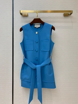 

2020 New early autumn lady's women female retro style sleeveless buttons solid color vest coat with belt