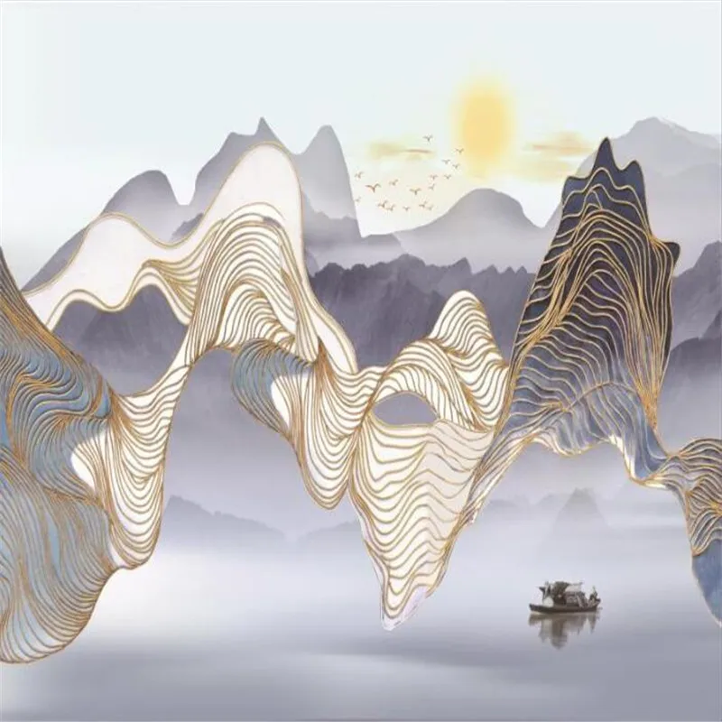 Large 3D wallpaper mural custom abstract artistic mood landscape golden lines bird bamboo background wallpaper mural