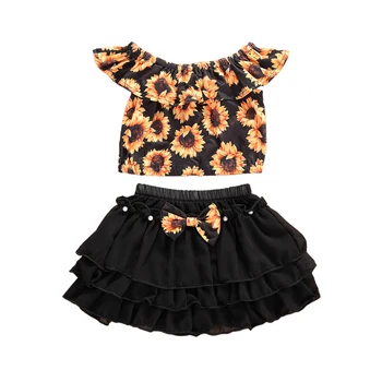 

2020 Summer Fashion Kid Baby Girl Clothes Sunflower Off Shoulder Crop Tops Black Ruffle Skirt Clothes 0-24M