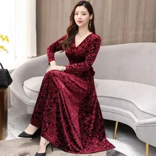 Женские осенние длинные юбки в стиле Колтсфут, стиль, дебютантная основа, плюс бархат, теплый золотой бархат, v-образный вырез, шнуровка, цветочный принт Dr