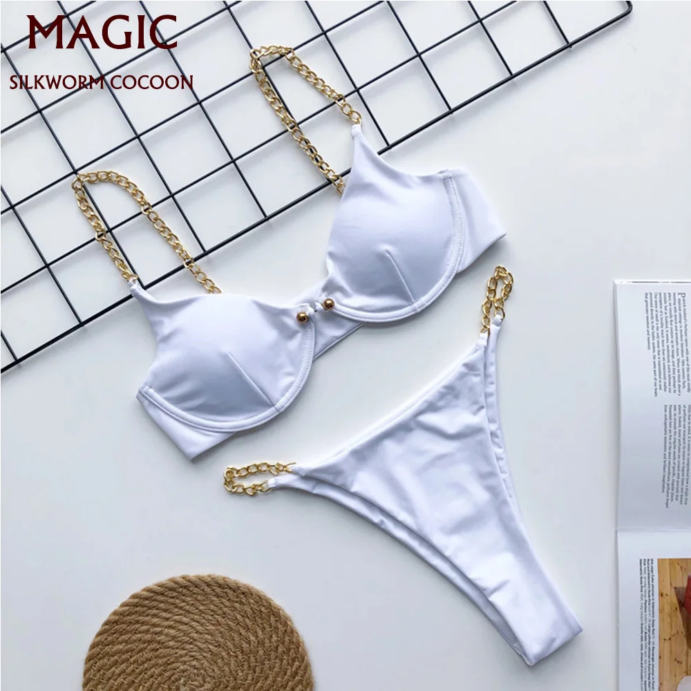 

Sexy micro Bikini Set Matching chain thong Brazilian swimsuit female white Push up swimwear women bathing suit biquini bathers
