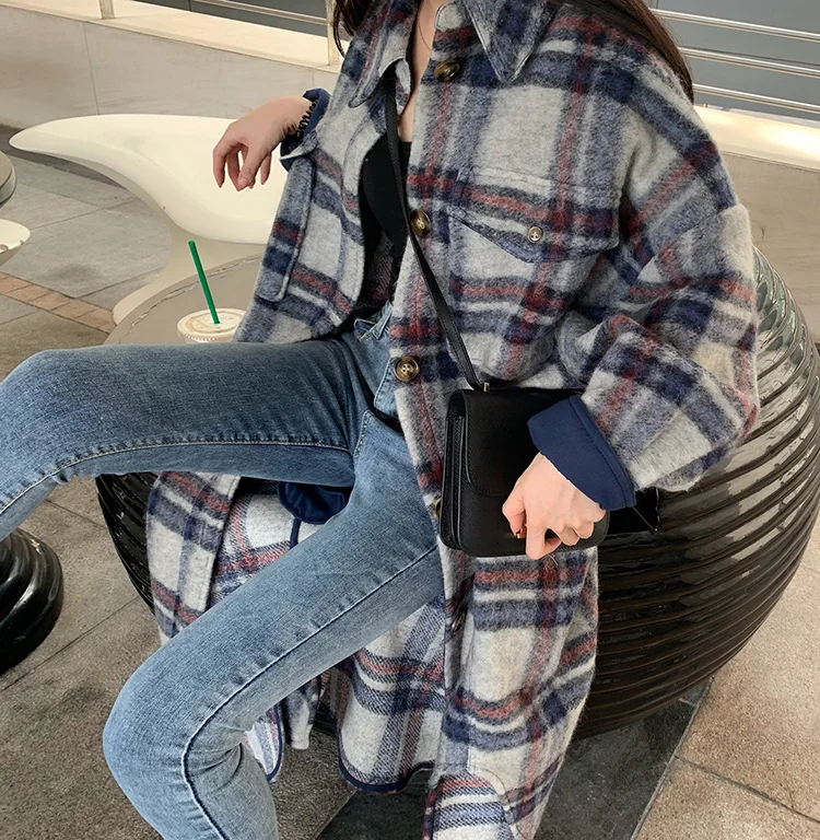 Women Elegant Woolen Coat Plaid Print Wool Turn Down Collar OG0696