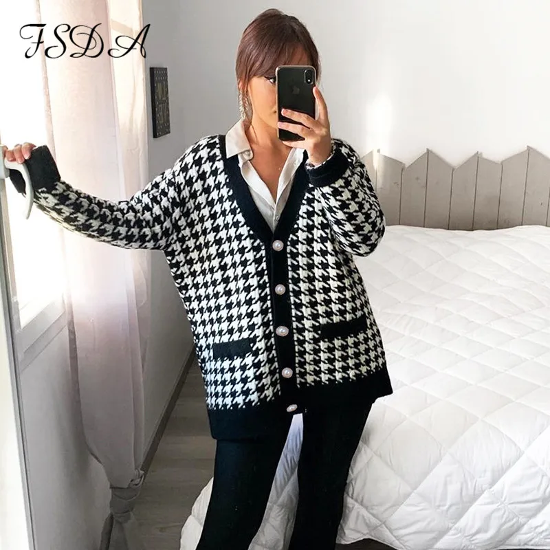 FSDA V Neck Women Button Black Houndstooth Cardigan 2020 Long Sleeve Sweater Autumn Winter Knitted Loose Oversized Jumper Casual