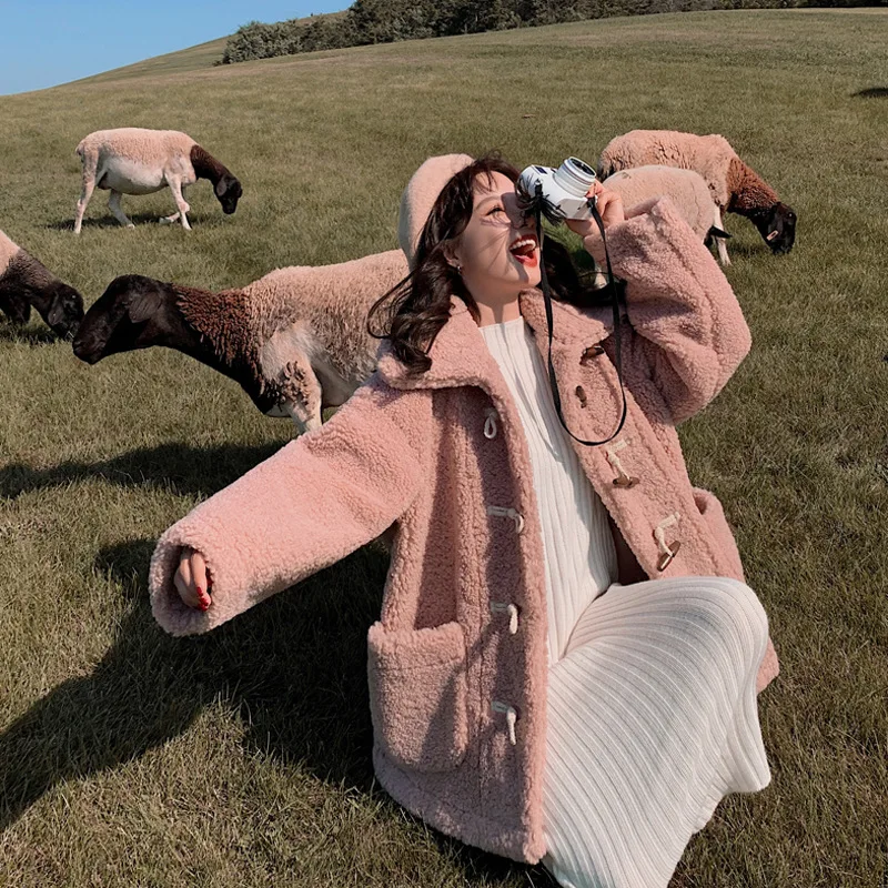 

Lambs Wool Coat Women's Mid-length 2019 Winter New Style Korean-style Popular Toggle Fur Students Cotton-padded Jacket