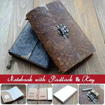

Embossed Pattern Soft Leather Travel Notebook With Lock and Key Diary Notepad Kraft Paper for Business Sketching & Writing