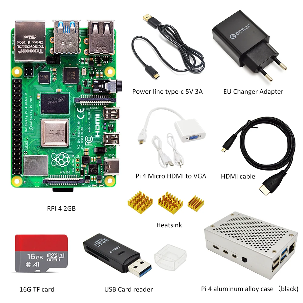 latest Raspberry Pi 4 Model B 2GB RAM complete Kit case EU power adapter switch line 4