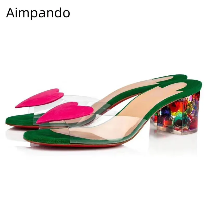

Sweet Heart Decor Slippers Colourful Crystal Heel Shoes Woman New Chic Clear PVC Peep Toe Slides Mixed Color Heel Party Shoes