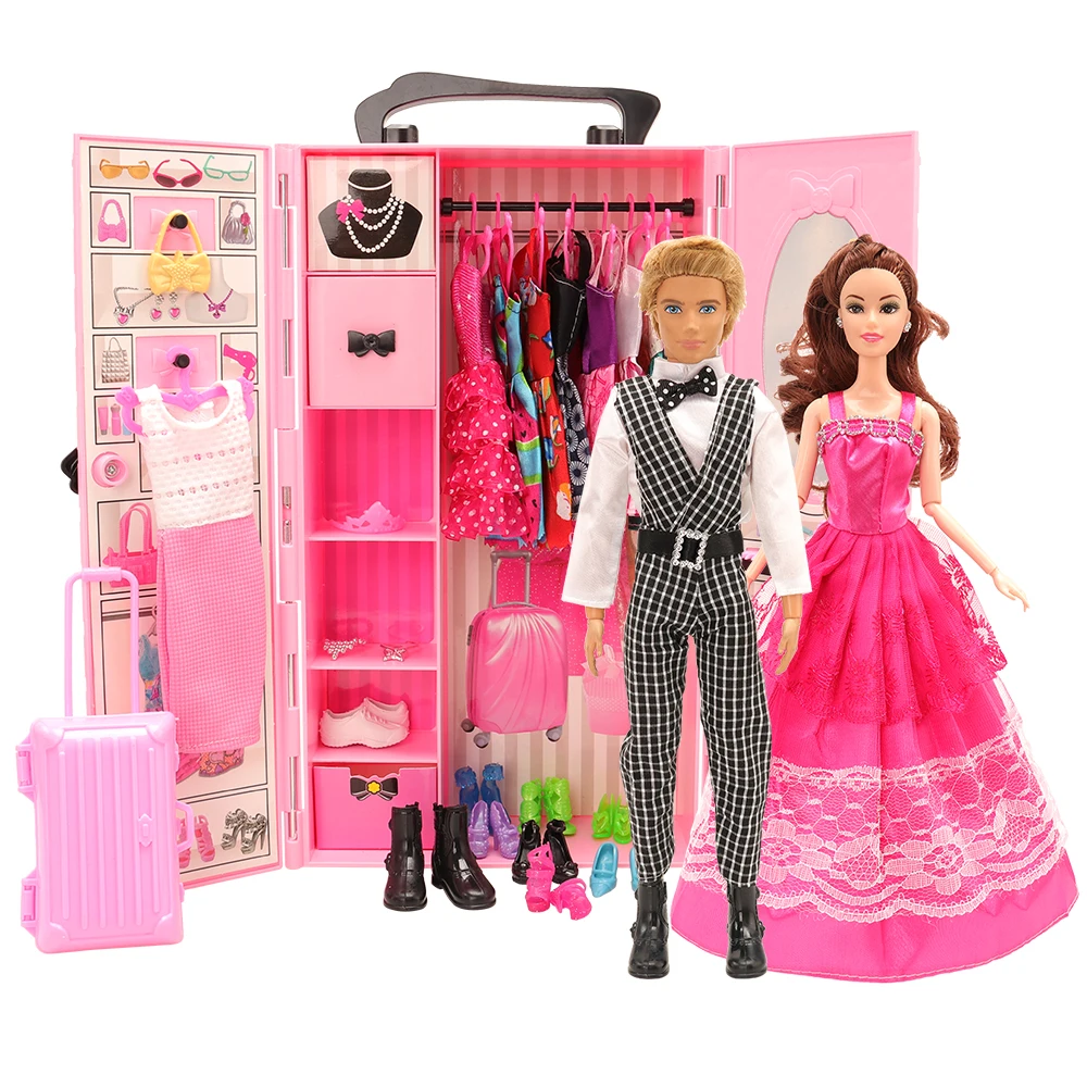 Новейшая горячая Распродажа 43 кукольные товары/лот = гардероб+ 42 кукольные аксессуары для одежды, обуви, вешалки, сумки, кукольная мебель для игры Барби