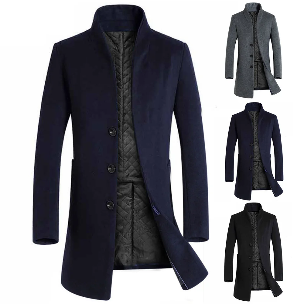 big size solid color men's long-sleeved stand-up collar jacket trench coat casual mid-length slim woolen trench coat
