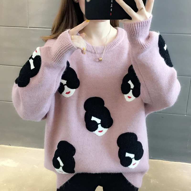 

Fannic Pull Femme Winter Autumn Oversized Knitted Sweater Women Lantern Sleeve Embroidery Cartoon Thicken Pullovers Jumper
