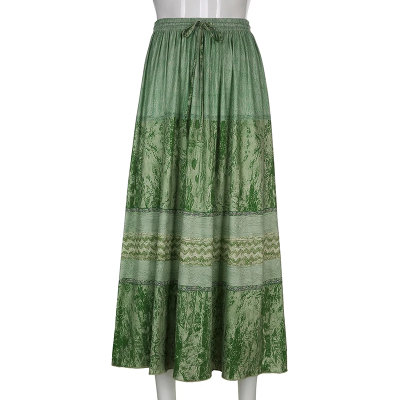 Mojoyce Vintage Green Grunge Fairycore Pleated Long Skirt Female Fashi