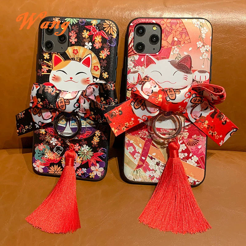 

Cute 3D Emboss Lucky Cat phone Case for Huawei p20 30 p30 pro p40 mate20 30 Nova 4 5 Ring holder Set Cover Shell Lucky bag Capa