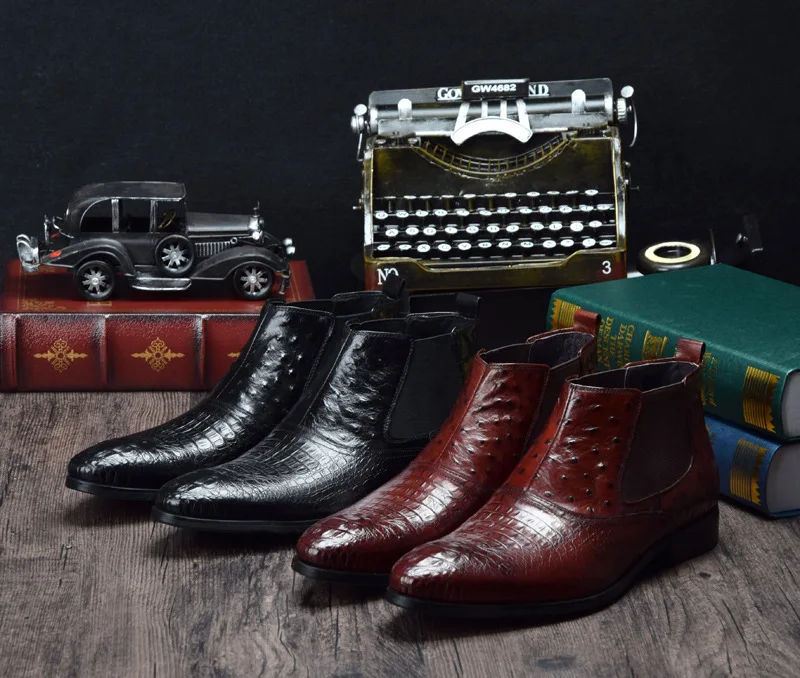 

Ankle Men Boots Botines Hombre Pointed-Toe Cowhide Crocodile Pattern Wedding Shoes 44