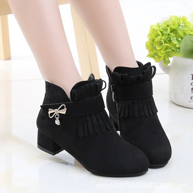 Детская обувь; ботильоны для девочек; новые осенние ботинки принцессы на высоком каблуке; модная теплая плюшевая зимняя детская обувь; короткие ботинки для девочек; CSH889 - Цвет: Black Winter