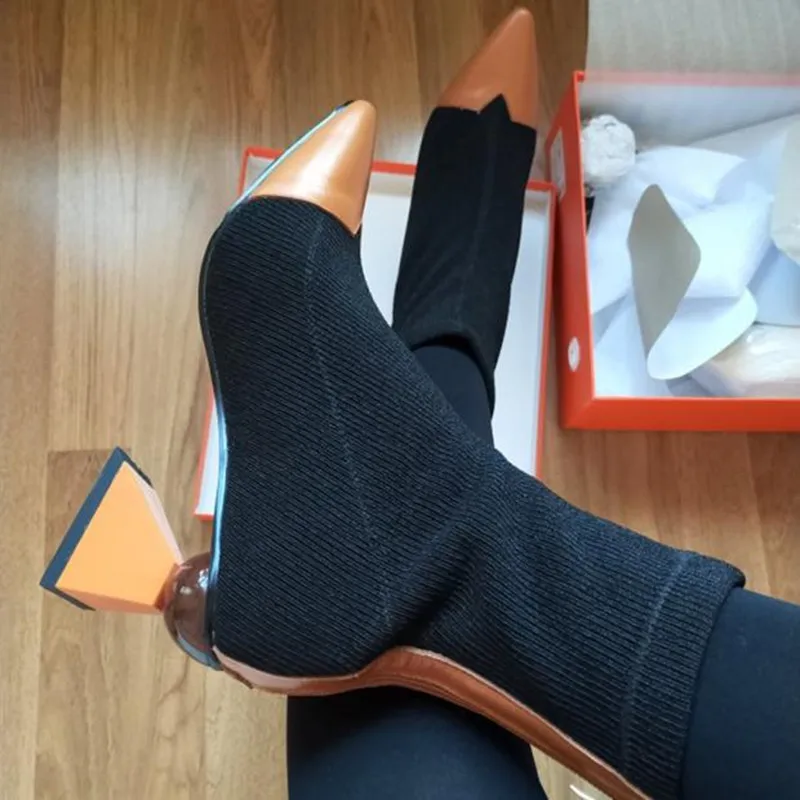 

Stretch Botas Mujer Ankle High Strange Heel Winter Boots Women Patchwork Designer Zipper Bottes Femme Chic Walkway Ladies Shoes