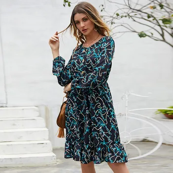 

Crew Neck Midi Dress Button Front Print
